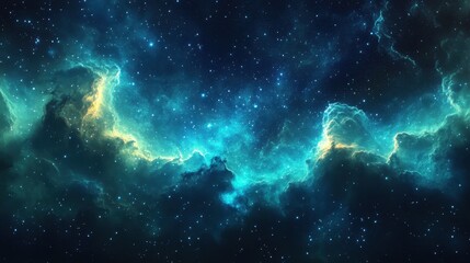 Fototapeta premium Stunning nebula in the sky with vibrant blue and green colors surrounded by exotic stars in an alien starfield