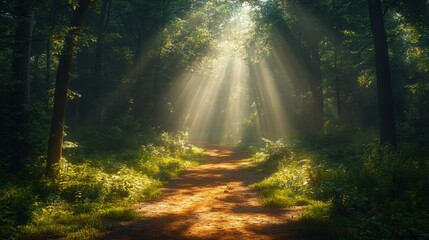 Obraz premium Enchanted pathway through lush green forest with sunlight streaming and illuminating the vibrant foliage and trees