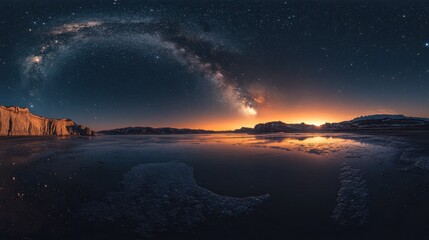 Serene beach with the milky way galaxy illuminating the night sky in a peaceful and wonderous atmosphere