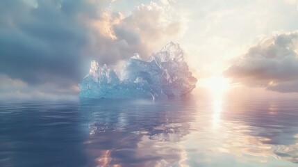 Fototapeta premium Serene iceberg at sunset, reflecting in calm ocean water.