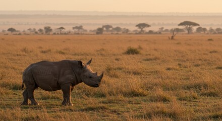 Fototapeta premium Serengeti Sunrise: A Young White Rhino in the African Savanna