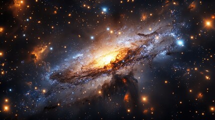 Fototapeta premium Alien galaxy featuring a bright orange star surrounded by a unique colorful star field in a cosmic wonderland