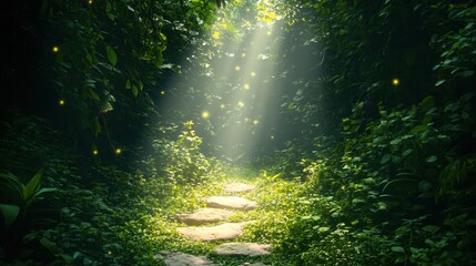 Obraz premium Dense jungle pathway surrounded by lush greenery and sunlight filtering through the canopy above the tropical landscape