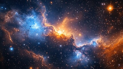 Fototapeta premium Vibrant nebula intermingling with a star cluster in the sky creating a rich cosmic landscape of astounding beauty