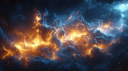Fototapeta premium A nebula displaying a bright orange and blue cosmic scene filled with light and surreal celestial clouds