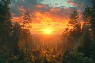 Naklejka premium Serene Sunrise Over Lush Forest: A breathtaking view of golden sunlight breaking through trees, perfect for nature-themed projects and tranquil settings.