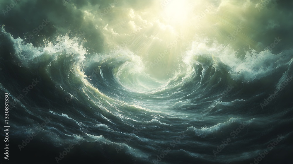 Poster Dramatic ocean waves illuminated by ethereal light breaking through clouds.