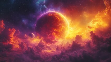 A planet in the sky with a comet passing by a giant gas planet surrounded by colorful clouds and a bright moon