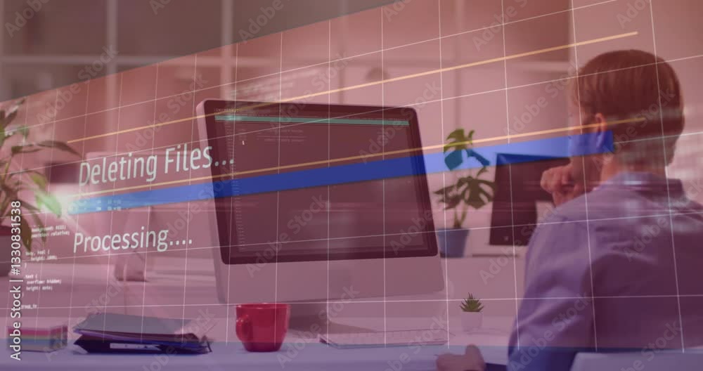 Poster deleting files and processing animation over person working at desk with computer