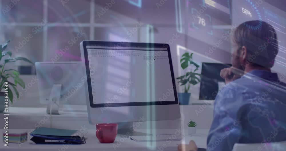 Poster man working at desk with digital data processing animation over computer screen