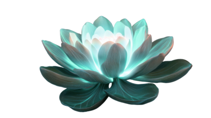 Glowing turquoise lotus flower with transparent background representing purity and enlightenment