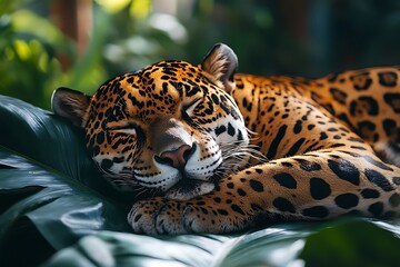 Sleepy Jaguar Resting On Tropical Leaf In Jungle