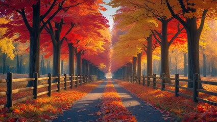 Serene Autumn Path with Vibrant Trees and Wooden Fence