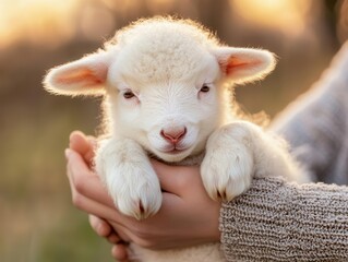 Obraz premium Tender Close-Up Portrait of a Delicate White Lamb Cradled in Gentle Caring Hands Exuding Pure Innocence and Warm Affection