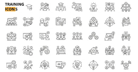 Training and Workshop thin line icons set. Coaching, education, seminar icon. Vector
Training and Workshop thin line icons set. Coaching, education, seminar icon. Vector
