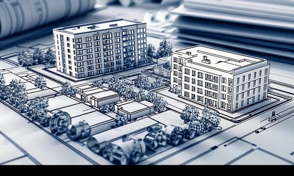 Architectural blueprints showcasing a complex of buildings.  Detailed 3D model of modern apartment complexes on architectural plans