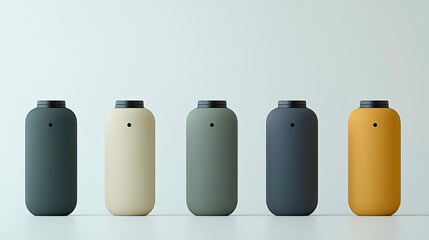 Five cylindrical containers in various muted colors on a white background.