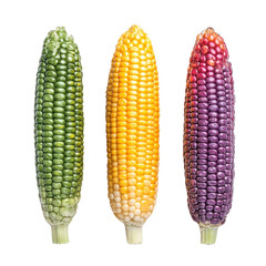 Three colorful ears of corn showcase vibrant hues of green, yellow, and purple, highlighting the diversity of this staple crop.
