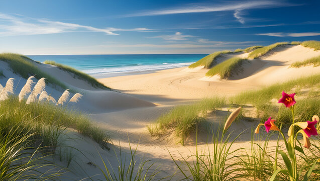 A stunning depiction of rolling sand dunes adorned with green beach grass, peacefully coexisting with the vast ocean. 
