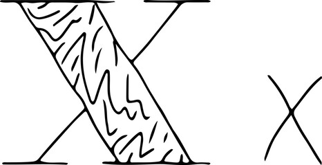 capital letter X and lowercase letter x with drawn lines on the capital letter hand drawn in black