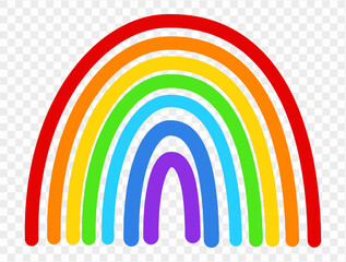Fototapeta premium Rainbow drawn with colorful hand drawn strokes, featuring seven vibrant arcs in red, orange, yellow, green, light blue, dark blue, and purple on transparent background. smooth, curved lines. vector.