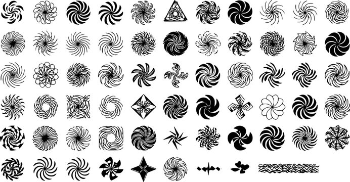 Spiral swirls. Speed circular symbol, twisted swirl elements, psychedelic hypnosis symbols, modern texture art logo vector signs
