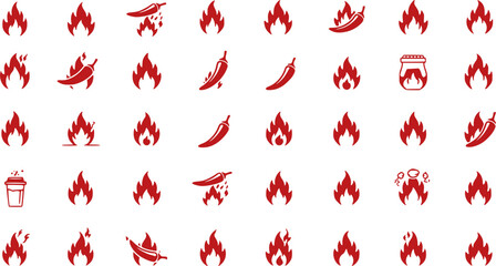 Spice level marks - mild, spicy and hot. Green and red chili pepper. Symbol of pepper with fire. Chili level icons set. Vector illustration isolated on white background. 