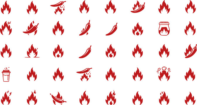 Spice level marks - mild, spicy and hot. Green and red chili pepper. Symbol of pepper with fire. Chili level icons set. Vector illustration isolated on white background. 