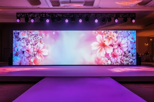 An illuminated stage displays floral imagery in a decorated event hall