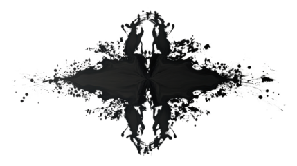 Black ink spreading and creating a symmetrical rorschach test blot on transparent background