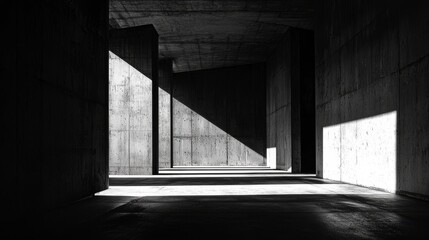 Empty warehouse captured in monochrome, emphasizing dramatic lighting and moody atmosphere. Empty warehouse with deep shadows and high contrast enhances the eerie atmosphere.
