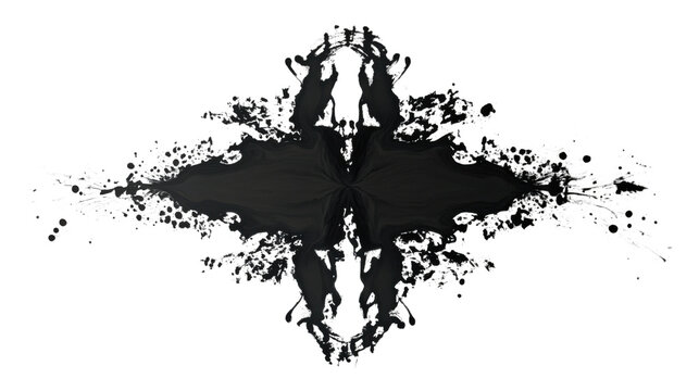 Black ink spreading and creating a symmetrical rorschach test blot on transparent background