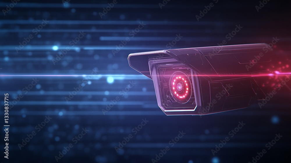 Aufkleber surveillance camera with digital effects and a red light on a dark background.