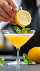 Bartender Squeezing Lemon into Yellow Cocktail with Mint Garnish