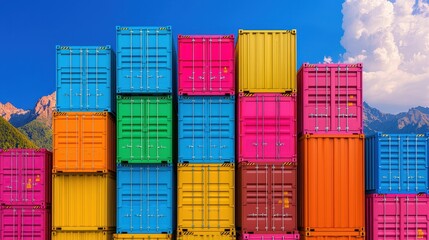 Fototapeta premium Colorful Shipping Containers Stacked Against a Mountain Backdrop