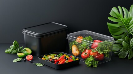Black and Clear Food Containers with Fresh Salad and Vegetables