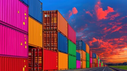 Fototapeta premium Colorful Shipping Containers Under Dramatic Sunset Sky