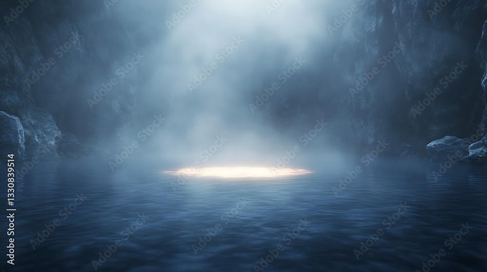 Aufkleber Mysterious light reflects on a calm water surface surrounded by fog and dark surroundings.