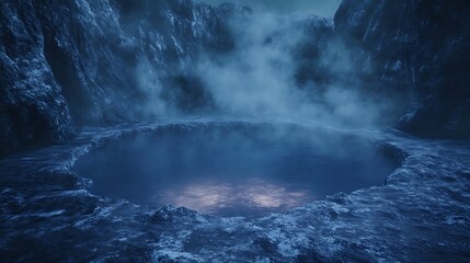 Naklejka premium Mysterious glowing water pool surrounded by rocky cliffs and fog.