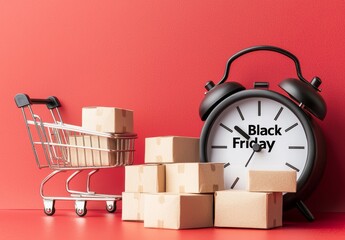 Black Friday Sale Packages with Alarm Clock on Red Background