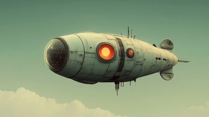 Obraz premium Futuristic, vintage-styled airship floats above clouds, showcasing its weathered exterior and glowing red eye.