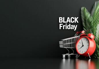 Black Friday Sale Shopping Promotion: Red Alarm Clock and Shopping Cart on Black Background