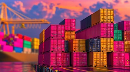 Fototapeta premium Vibrant Shipping Containers Stacked at a Busy Port During Sunset