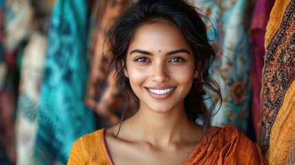 Fototapeta premium Cheerful woman smiling brightly in a bustling market environment embracing life and finding joy through self-care