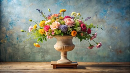 A vibrant floral arrangement in a classic urn, showcasing a profusion of colorful blooms, elegantly displayed on a rustic wooden surface against a textured backdrop