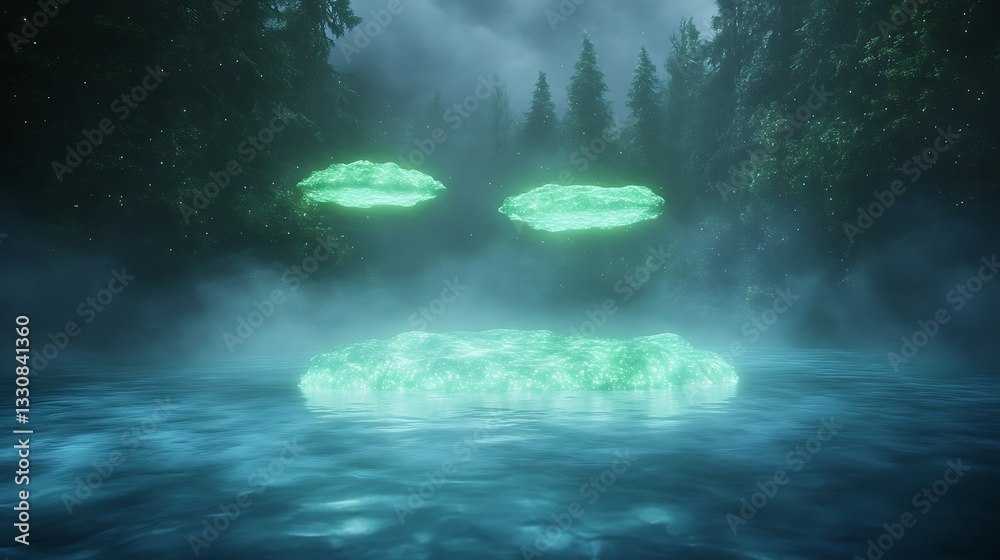 Poster Mysterious green lights hover above a misty lake surrounded by dark trees.