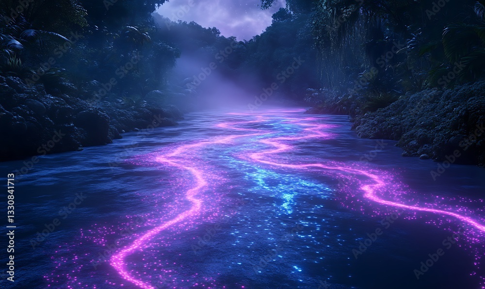 Poster a glowing river flows through a mystical forest under a twilight sky.