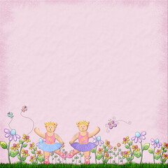 Cute fairy princess illustration with flowers on soft pink background, whimsical children theme design perfect for birthday invitations, nursery decor, greeting cards and kids party templates. © MedReda