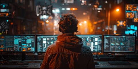 Hacker or cybersecurity expert working on multiple monitors in a dark high-tech environment, analyzing