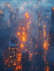 Fototapeta premium Stunning aerial view of a city skyline shrouded in mist, illuminated by glowing lights, creating a captivating and atmospheric urban landscape.